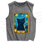 Unisex Van Gogh Art Cat Printed Washed Tank Top