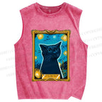 Unisex Van Gogh Art Cat Printed Washed Tank Top