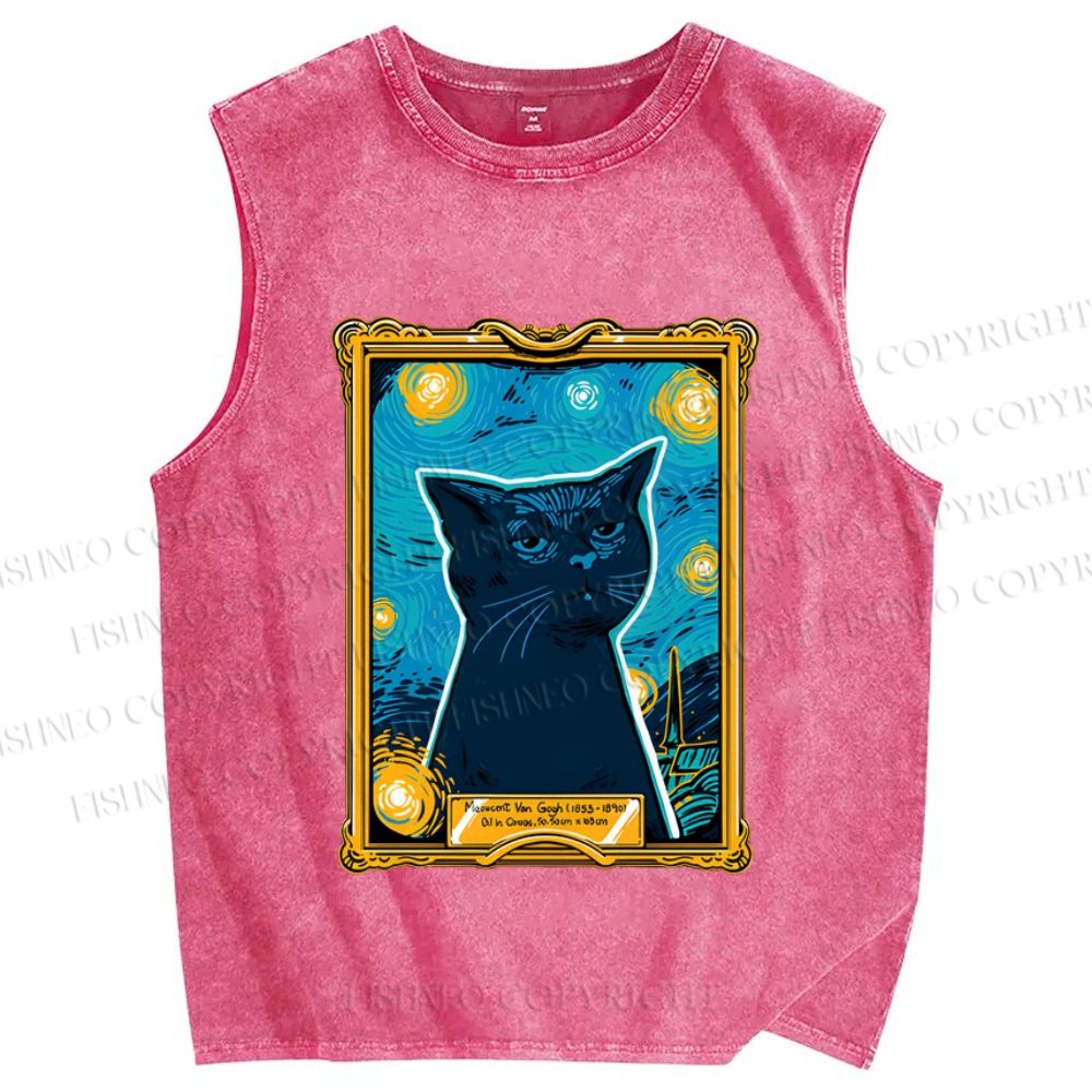 Unisex Van Gogh Art Cat Printed Washed Tank Top