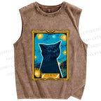 Unisex Van Gogh Art Cat Printed Washed Tank Top