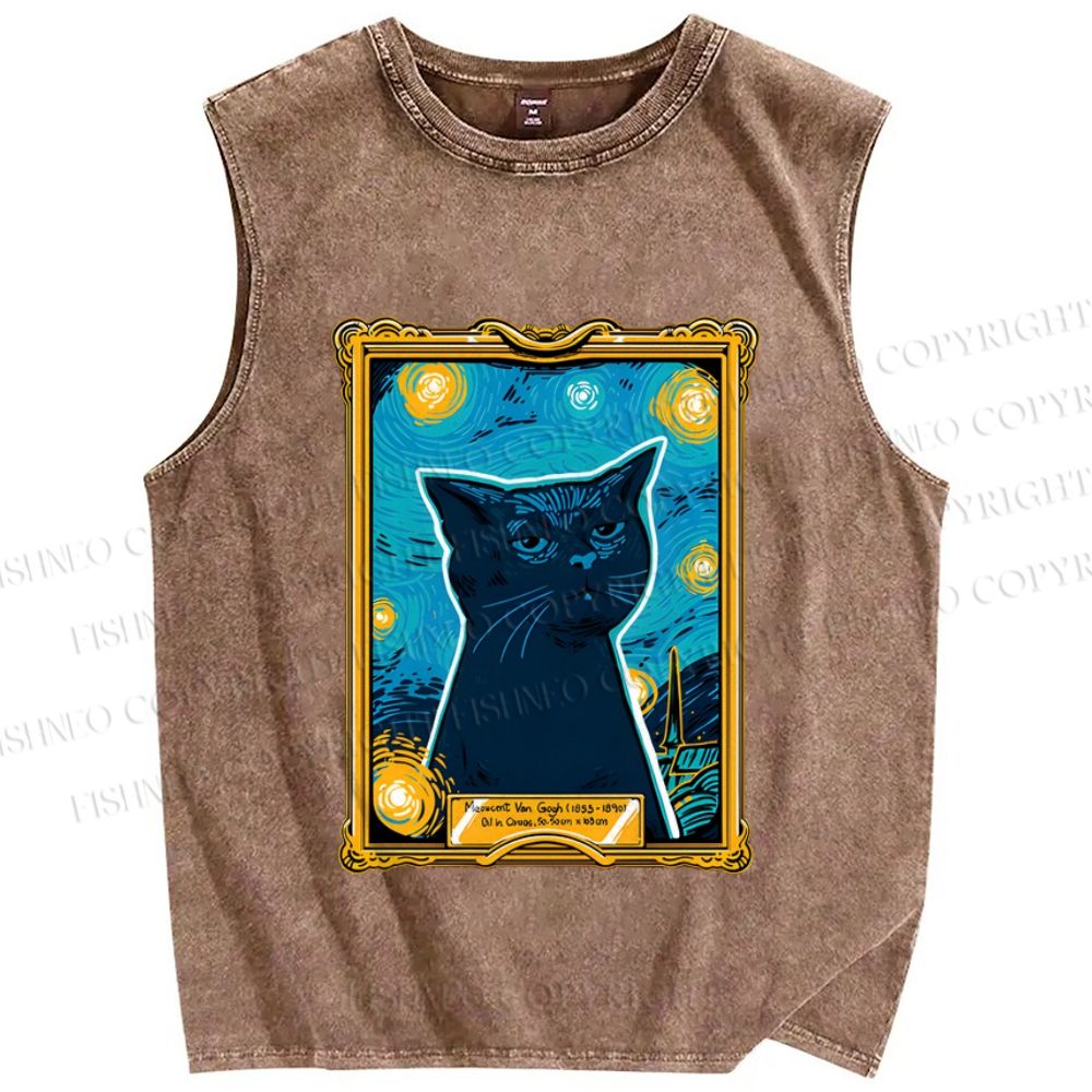 Unisex Van Gogh Art Cat Printed Washed Tank Top