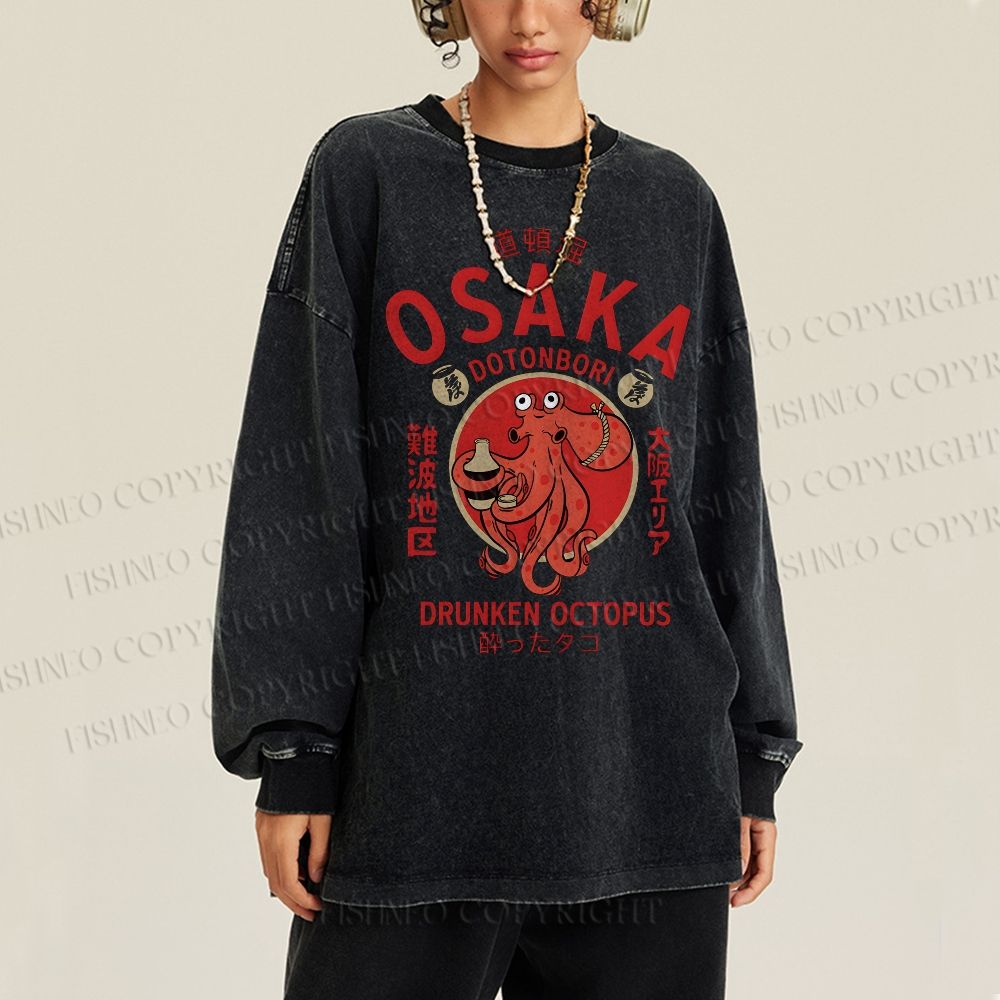 Unisex Casual Washed Osaka Octopus Printed Long Sleeve T-shirt
