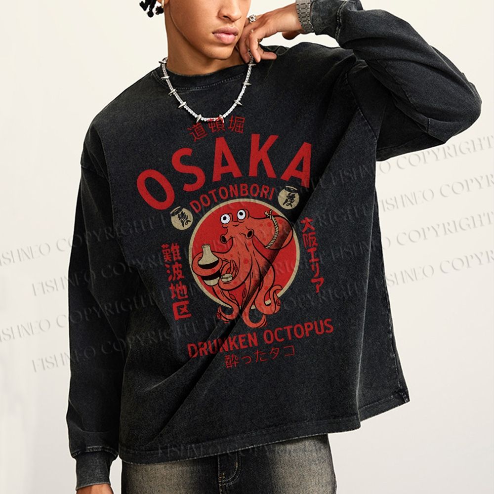 Unisex Casual Washed Osaka Octopus Printed Long Sleeve T-shirt