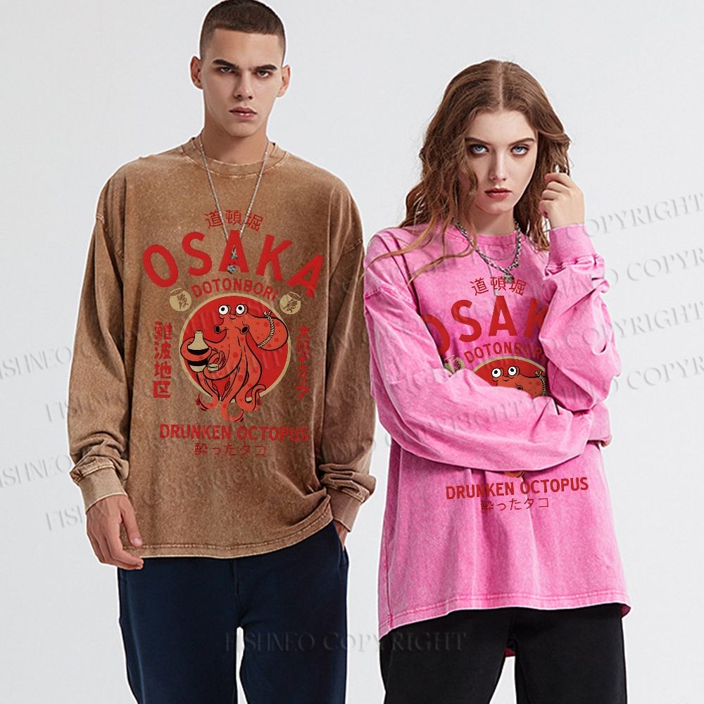 Unisex Casual Washed Osaka Octopus Printed Long Sleeve T-shirt