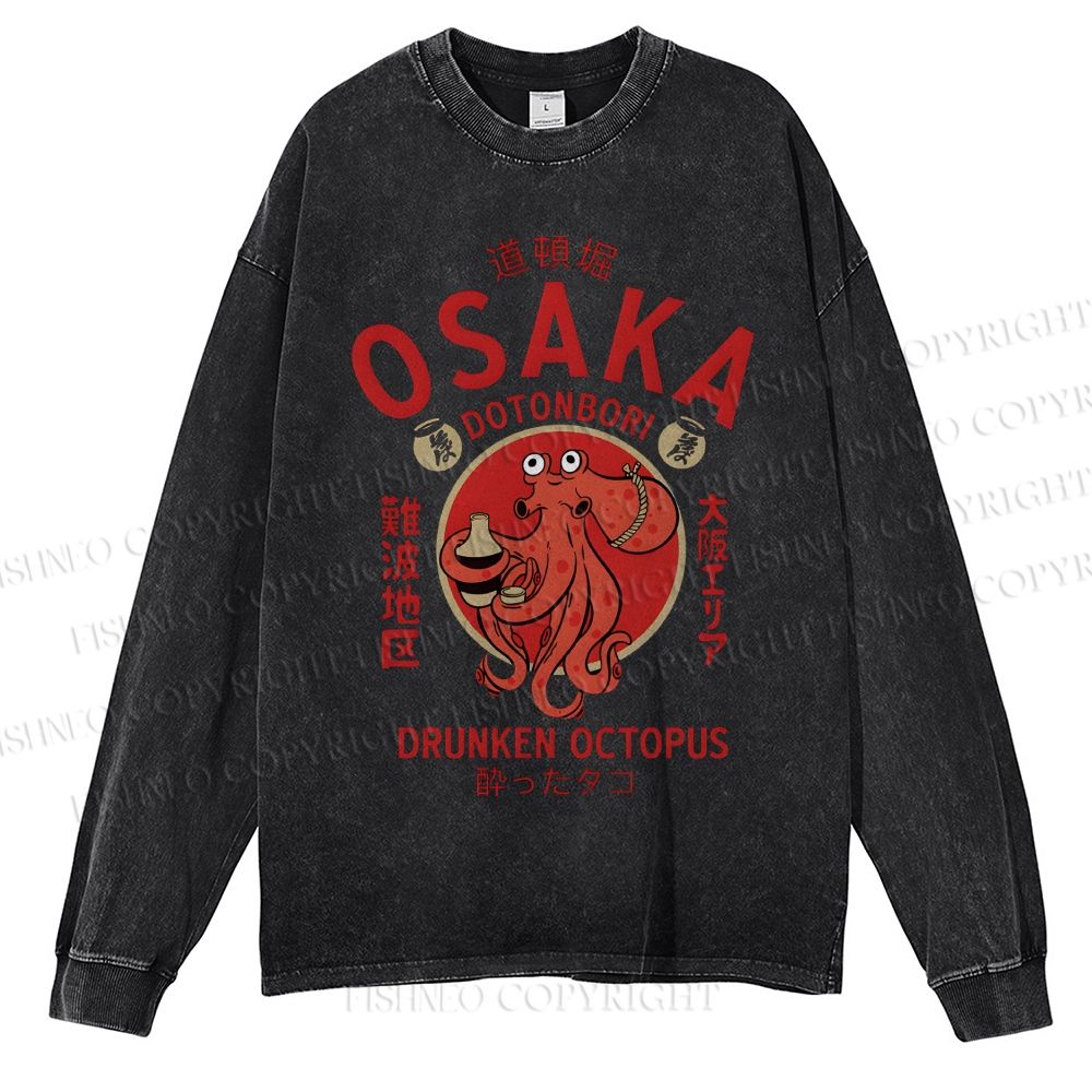 Unisex Casual Washed Osaka Octopus Printed Long Sleeve T-shirt