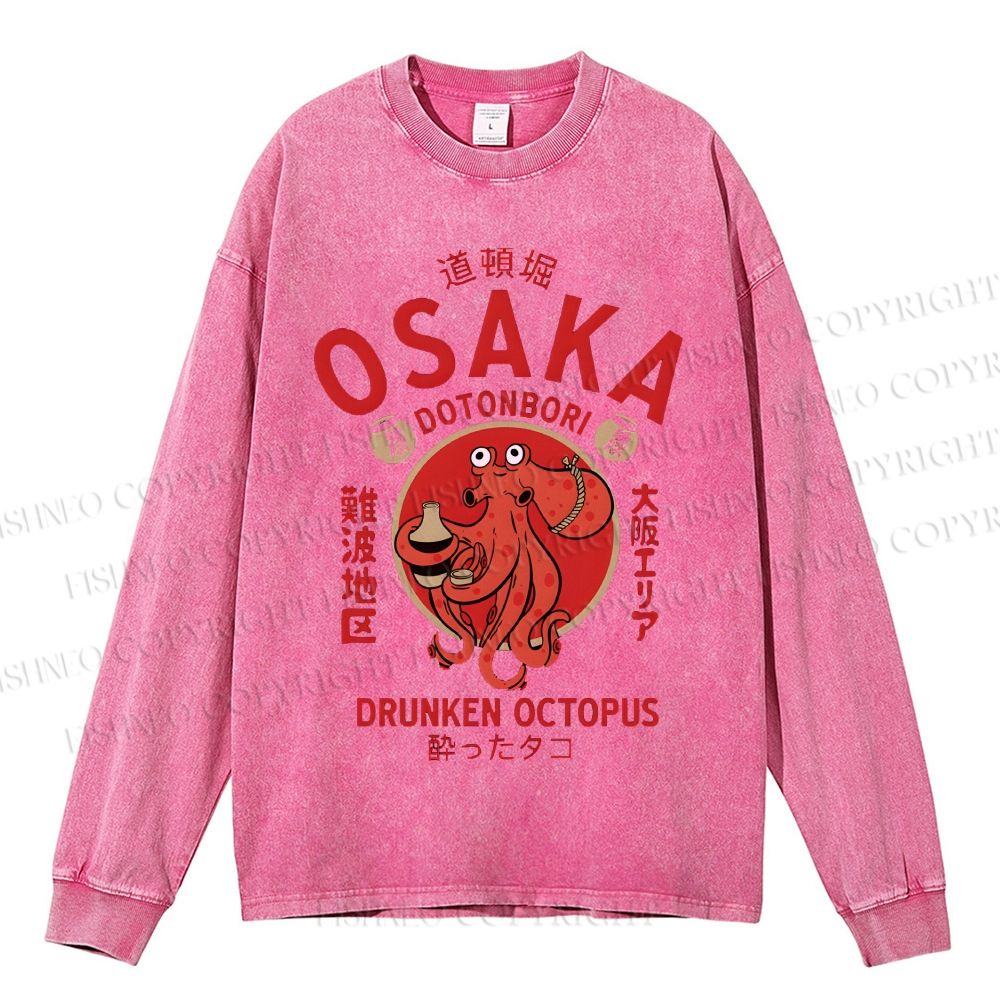 Unisex Casual Washed Osaka Octopus Printed Long Sleeve T-shirt