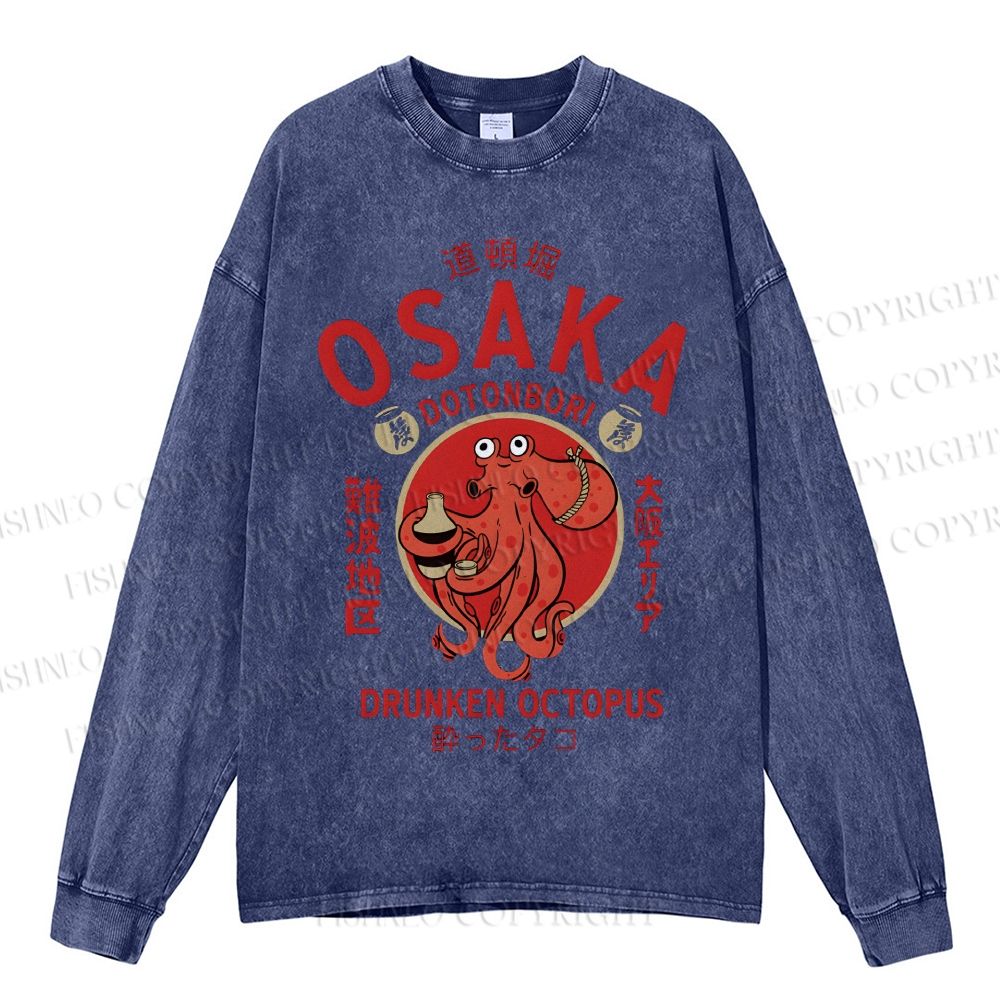 Unisex Casual Washed Osaka Octopus Printed Long Sleeve T-shirt