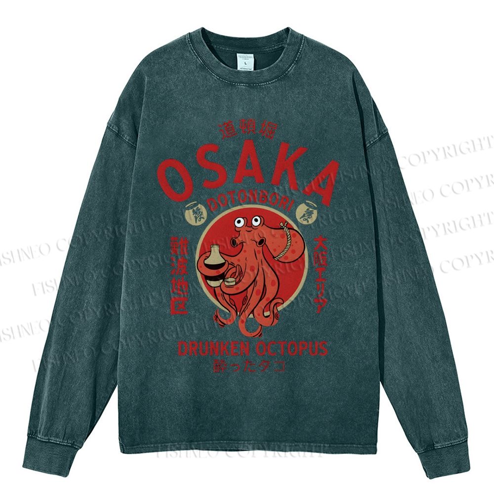 Unisex Casual Washed Osaka Octopus Printed Long Sleeve T-shirt