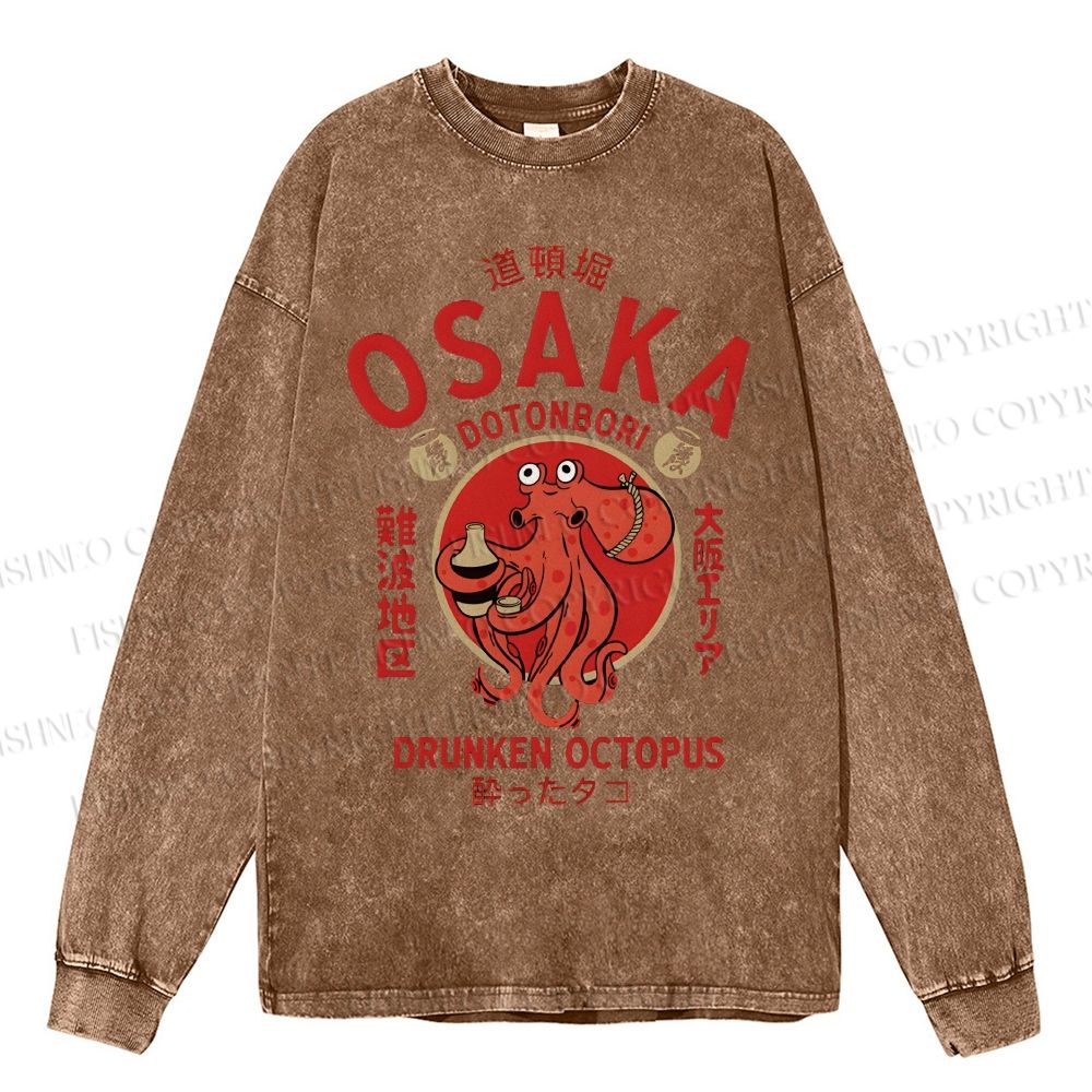 Unisex Casual Washed Osaka Octopus Printed Long Sleeve T-shirt