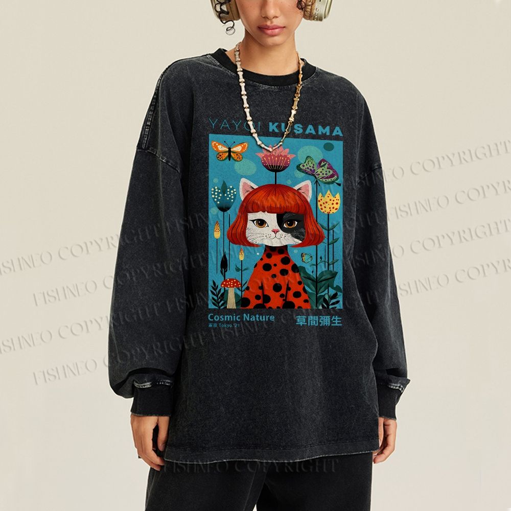 Unisex Casual Washed Yayoi Kusama Cat Printed Long Sleeve T-shirt
