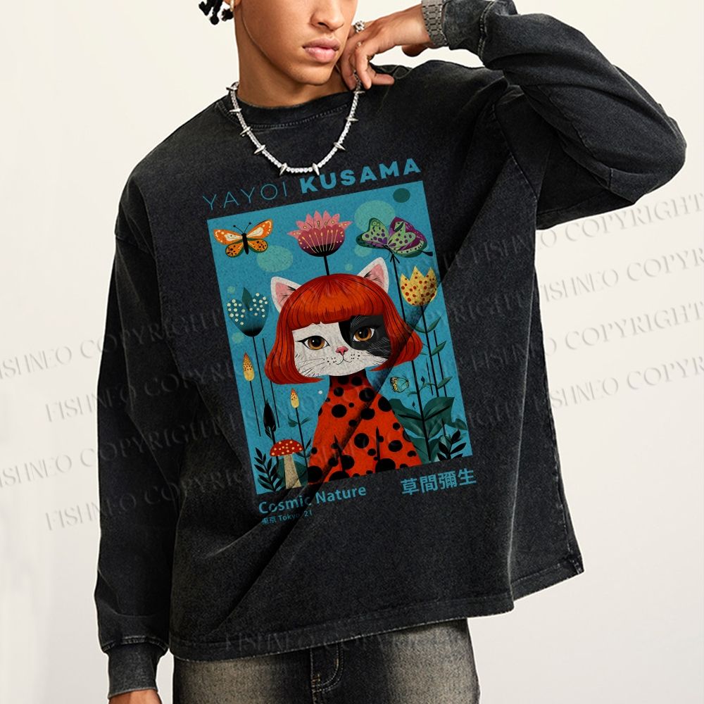 Unisex Casual Washed Yayoi Kusama Cat Printed Long Sleeve T-shirt