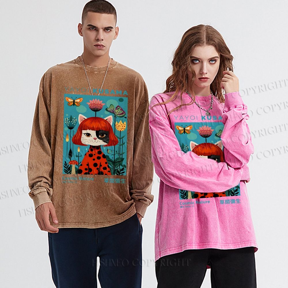 Unisex Casual Washed Yayoi Kusama Cat Printed Long Sleeve T-shirt
