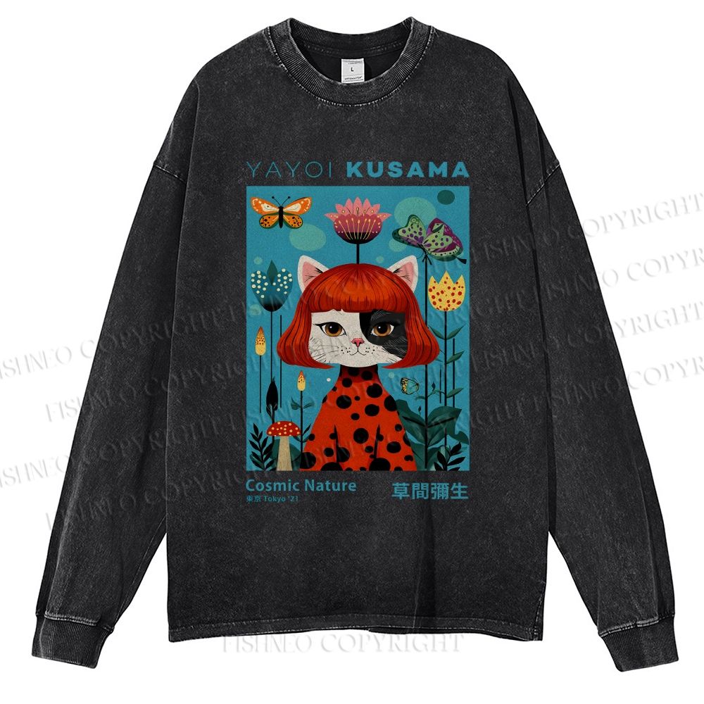 Unisex Casual Washed Yayoi Kusama Cat Printed Long Sleeve T-shirt