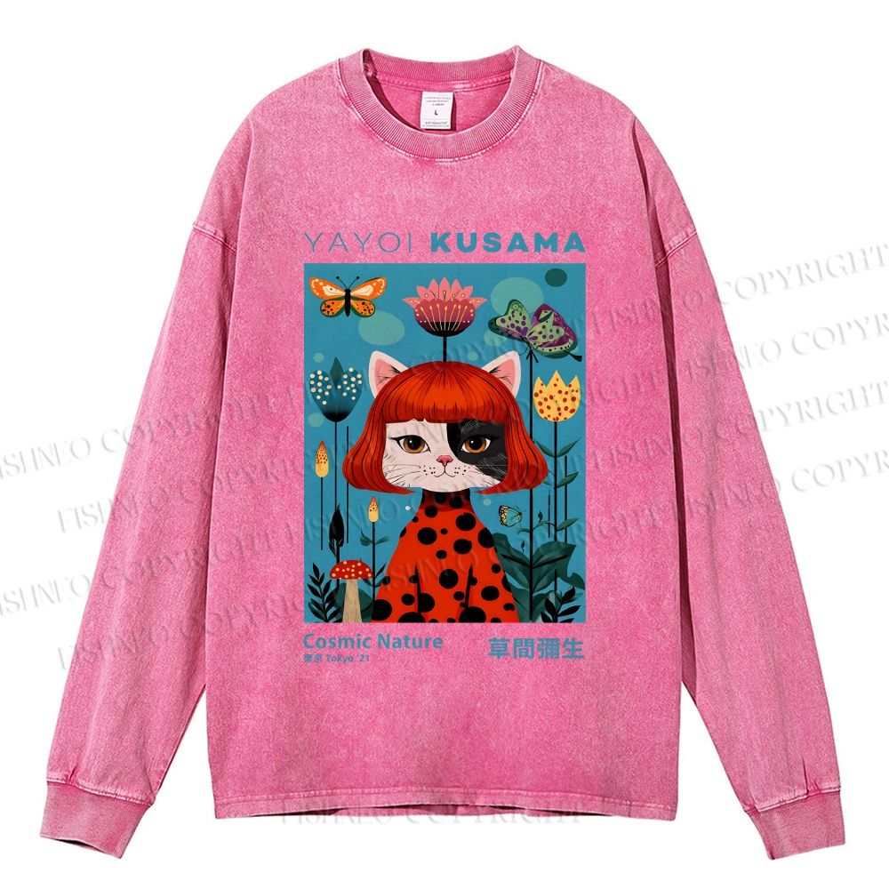 Unisex Casual Washed Yayoi Kusama Cat Printed Long Sleeve T-shirt