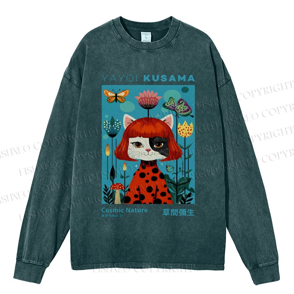 Unisex Casual Washed Yayoi Kusama Cat Printed Long Sleeve T-shirt