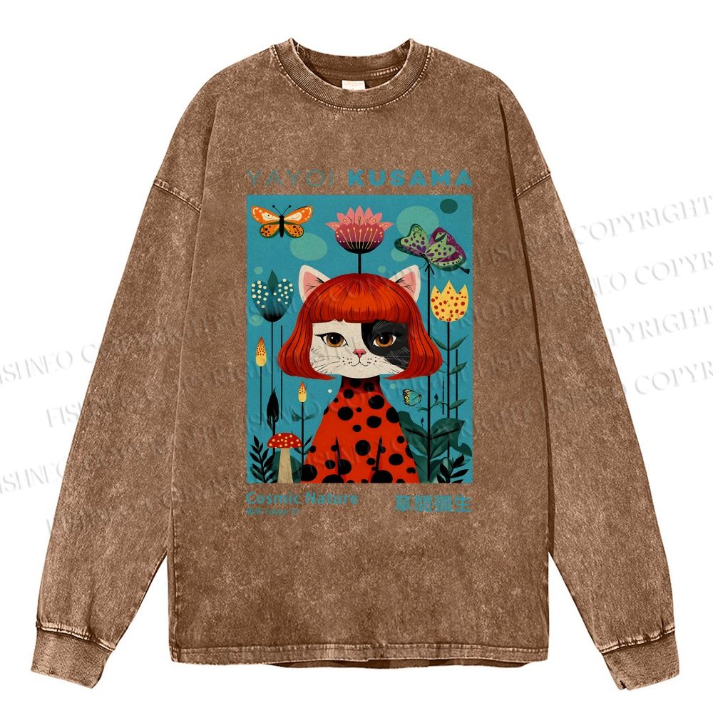 Unisex Casual Washed Yayoi Kusama Cat Printed Long Sleeve T-shirt