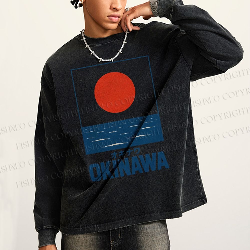 Unisex Casual Washed Sunrise Waves Printed Long Sleeve T-shirt