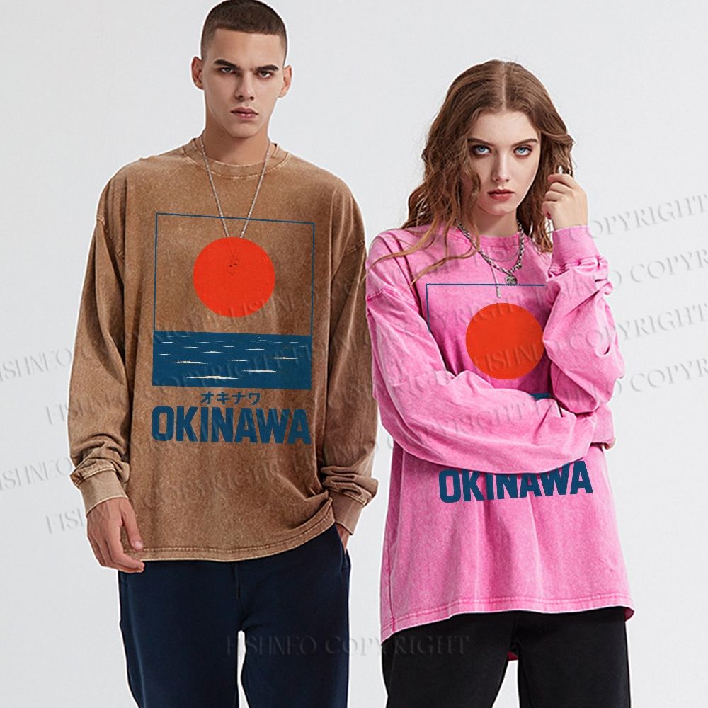 Unisex Casual Washed Sunrise Waves Printed Long Sleeve T-shirt