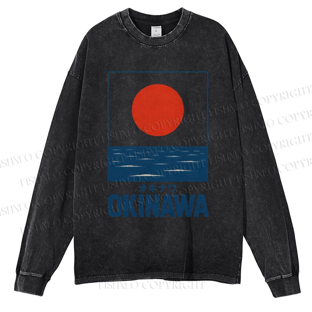 Unisex Casual Washed Sunrise Waves Printed Long Sleeve T-shirt