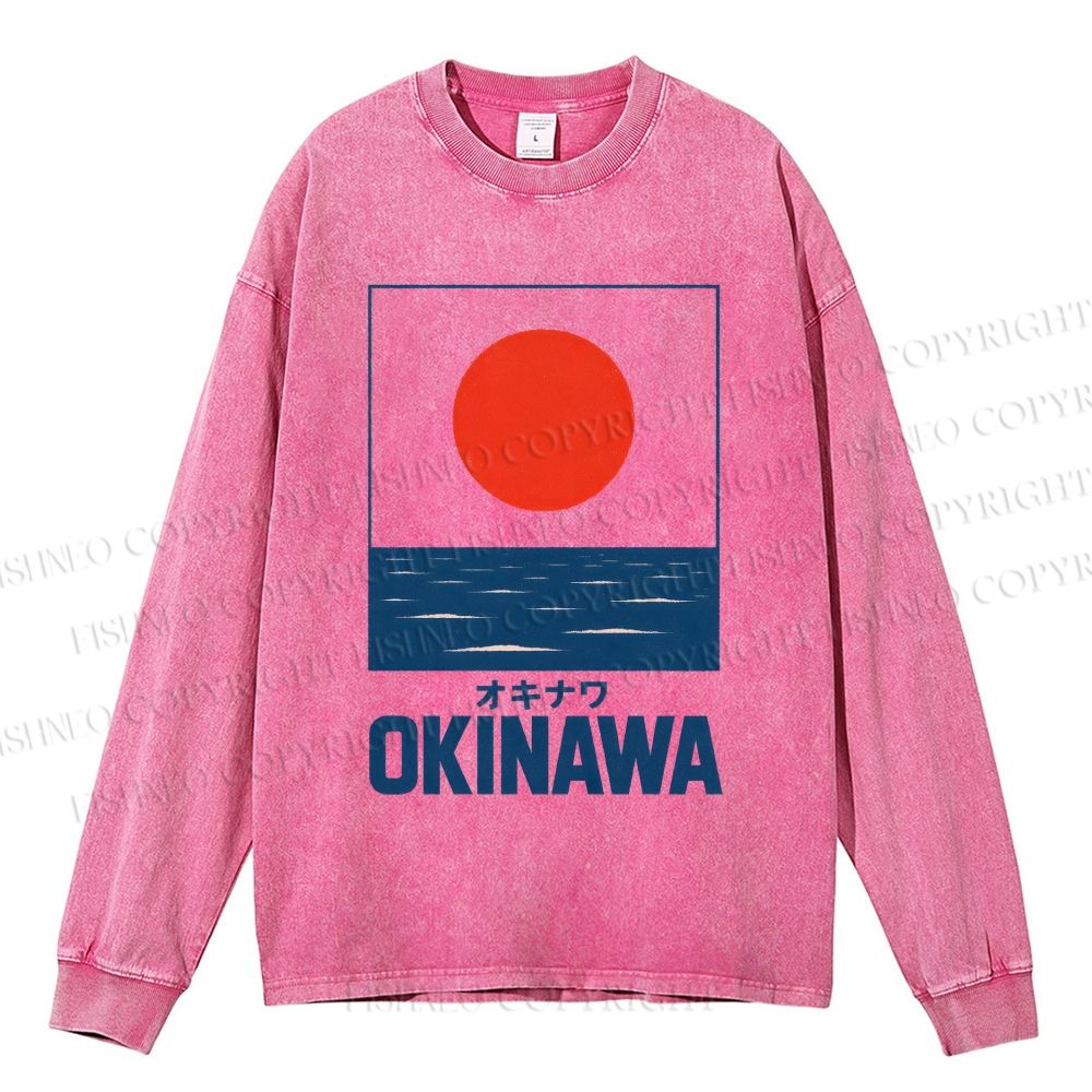 Unisex Casual Washed Sunrise Waves Printed Long Sleeve T-shirt