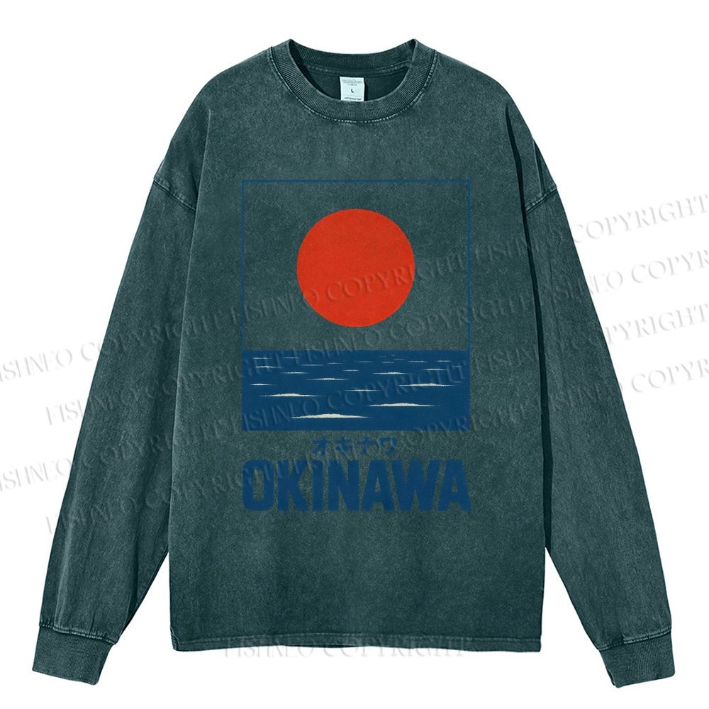 Unisex Casual Washed Sunrise Waves Printed Long Sleeve T-shirt
