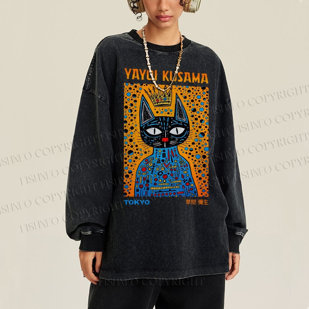 Unisex Casual Washed Japanese Yayoi Kusama Cat Printed Long Sleeve T-shirt