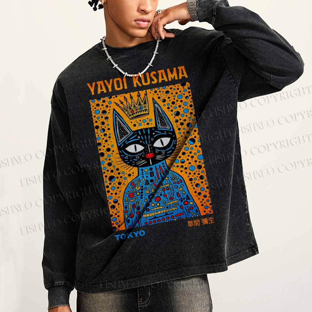 Unisex Casual Washed Japanese Yayoi Kusama Cat Printed Long Sleeve T-shirt