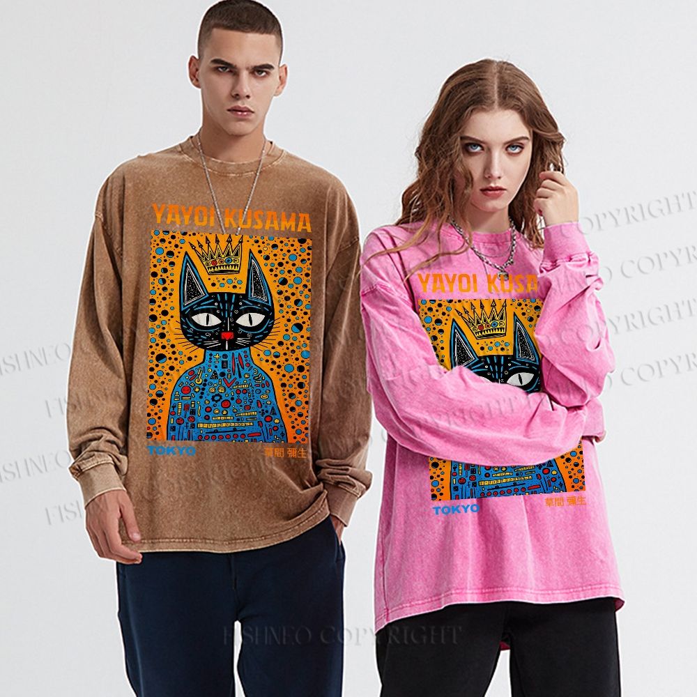 Unisex Casual Washed Japanese Yayoi Kusama Cat Printed Long Sleeve T-shirt