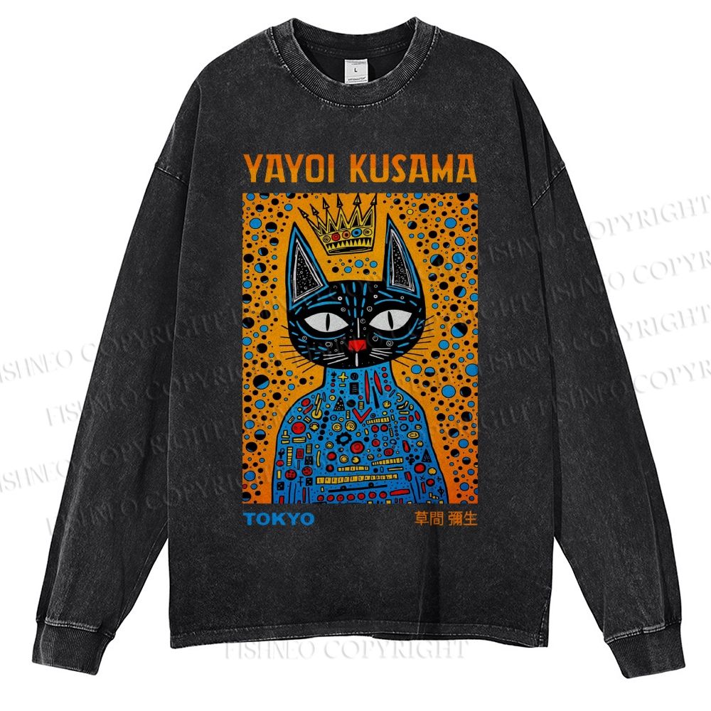 Unisex Casual Washed Japanese Yayoi Kusama Cat Printed Long Sleeve T-shirt