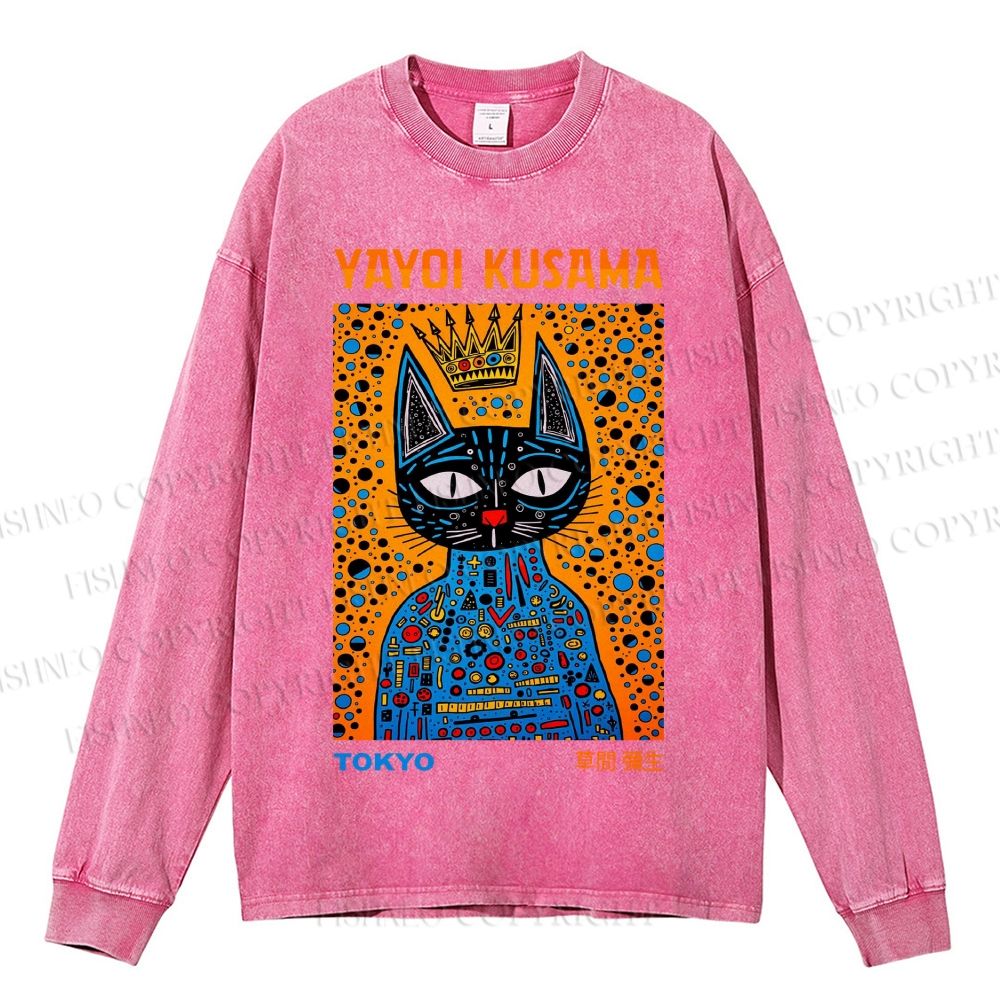 Unisex Casual Washed Japanese Yayoi Kusama Cat Printed Long Sleeve T-shirt