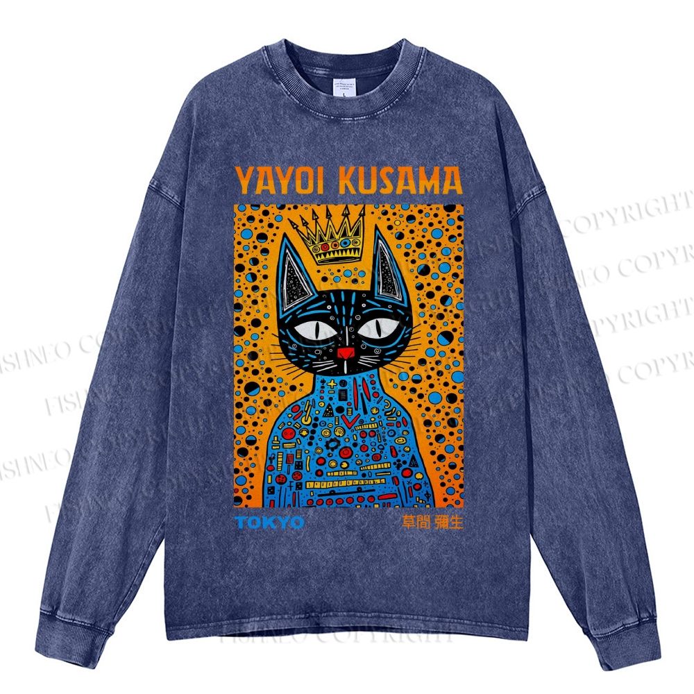 Unisex Casual Washed Japanese Yayoi Kusama Cat Printed Long Sleeve T-shirt