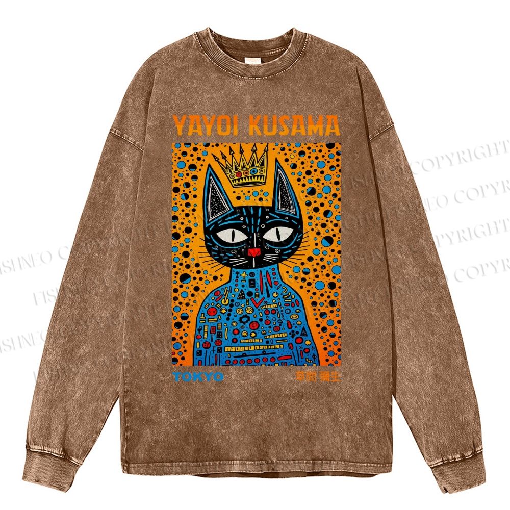 Unisex Casual Washed Japanese Yayoi Kusama Cat Printed Long Sleeve T-shirt