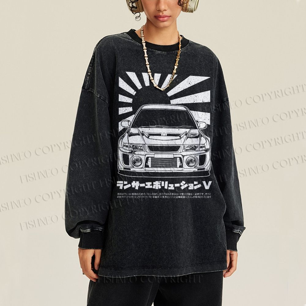 Unisex Casual Washed Mitsubishi Lancer Evolution V Apparel Printed Long Sleeve T-shirt