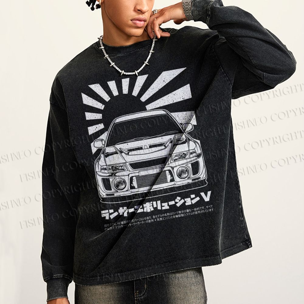 Unisex Casual Washed Mitsubishi Lancer Evolution V Apparel Printed Long Sleeve T-shirt