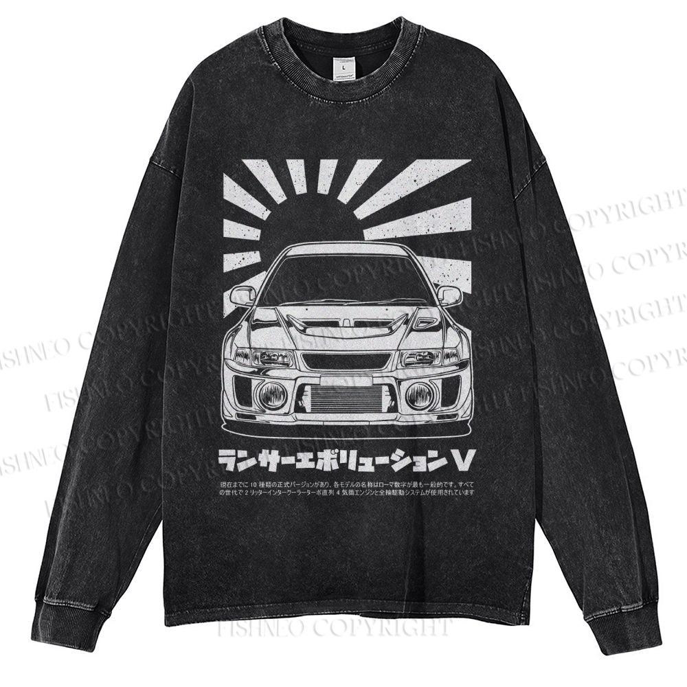 Unisex Casual Washed Mitsubishi Lancer Evolution V Apparel Printed Long Sleeve T-shirt