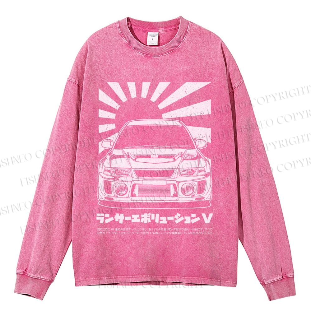 Unisex Casual Washed Mitsubishi Lancer Evolution V Apparel Printed Long Sleeve T-shirt
