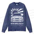 Unisex Casual Washed Mitsubishi Lancer Evolution V Apparel Printed Long Sleeve T-shirt