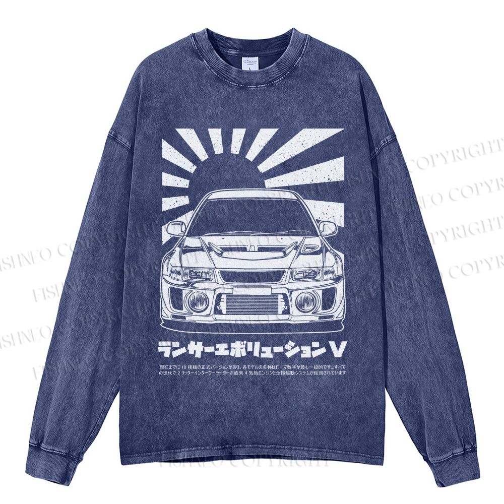 Unisex Casual Washed Mitsubishi Lancer Evolution V Apparel Printed Long Sleeve T-shirt