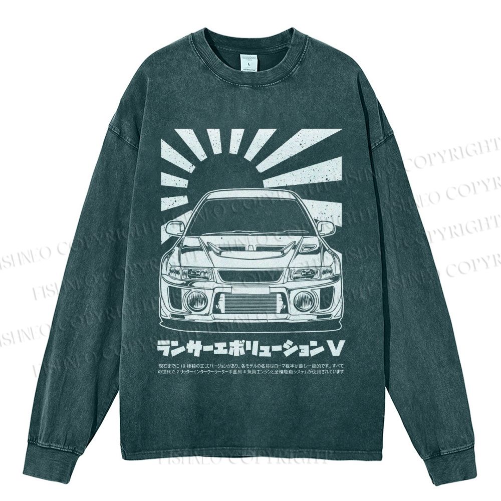 Unisex Casual Washed Mitsubishi Lancer Evolution V Apparel Printed Long Sleeve T-shirt