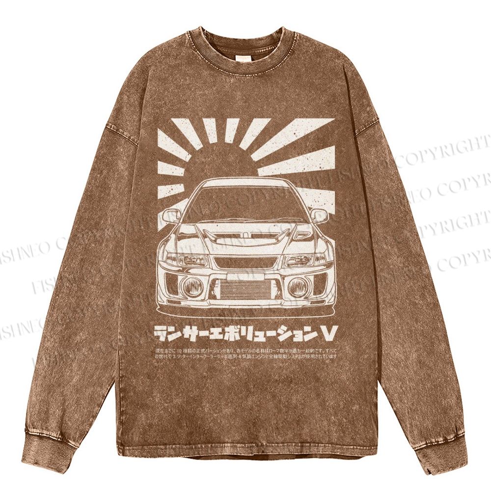 Unisex Casual Washed Mitsubishi Lancer Evolution V Apparel Printed Long Sleeve T-shirt