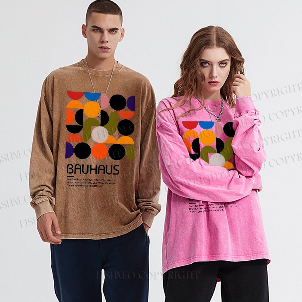 Unisex Casual Washed Vintage Bauhaus Design Printed Long Sleeve T-shirt