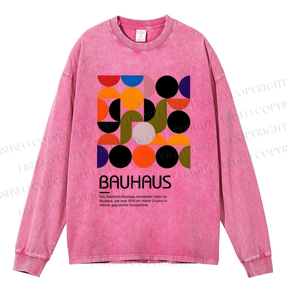 Unisex Casual Washed Vintage Bauhaus Design Printed Long Sleeve T-shirt