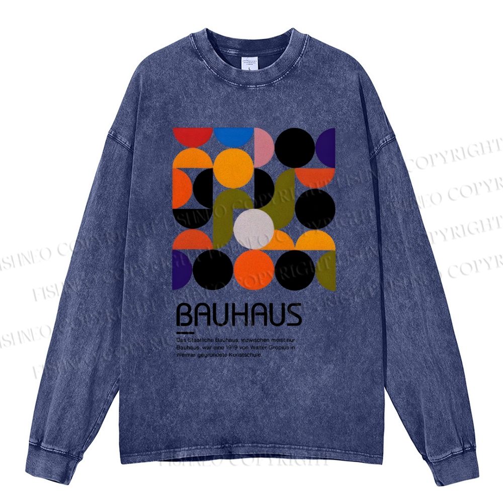 Unisex Casual Washed Vintage Bauhaus Design Printed Long Sleeve T-shirt