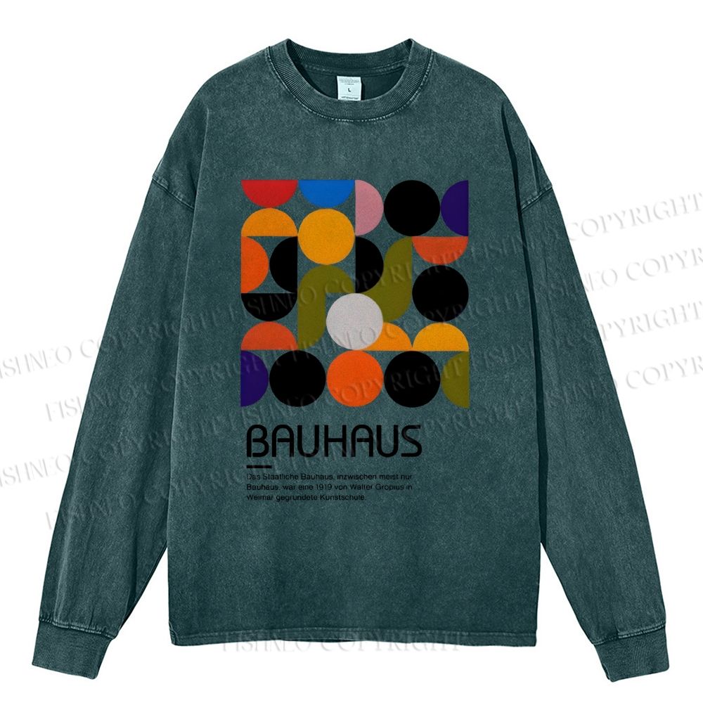Unisex Casual Washed Vintage Bauhaus Design Printed Long Sleeve T-shirt