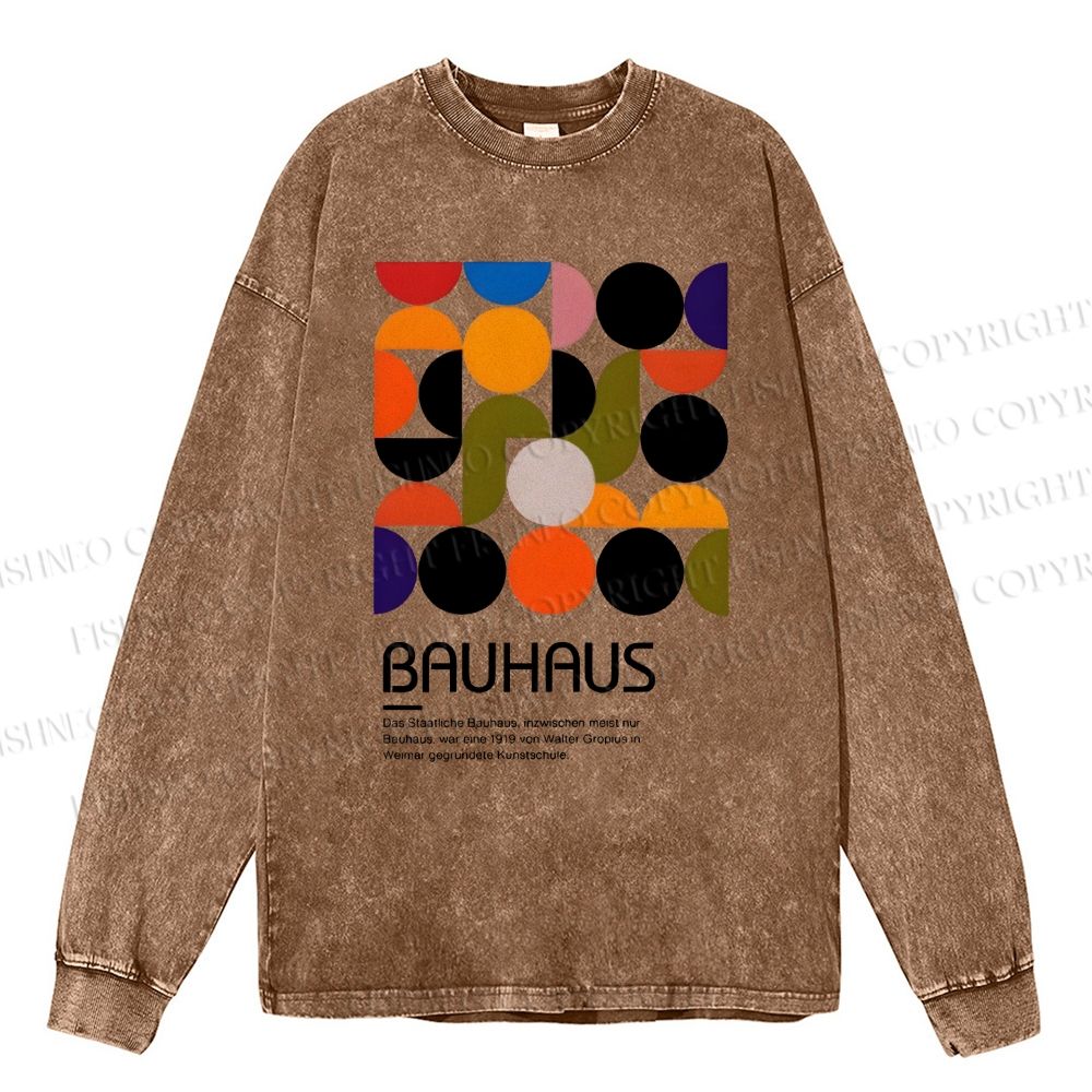 Unisex Casual Washed Vintage Bauhaus Design Printed Long Sleeve T-shirt