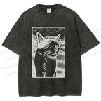 Unisex Meme Cat Vintage Printed Washed Tee
