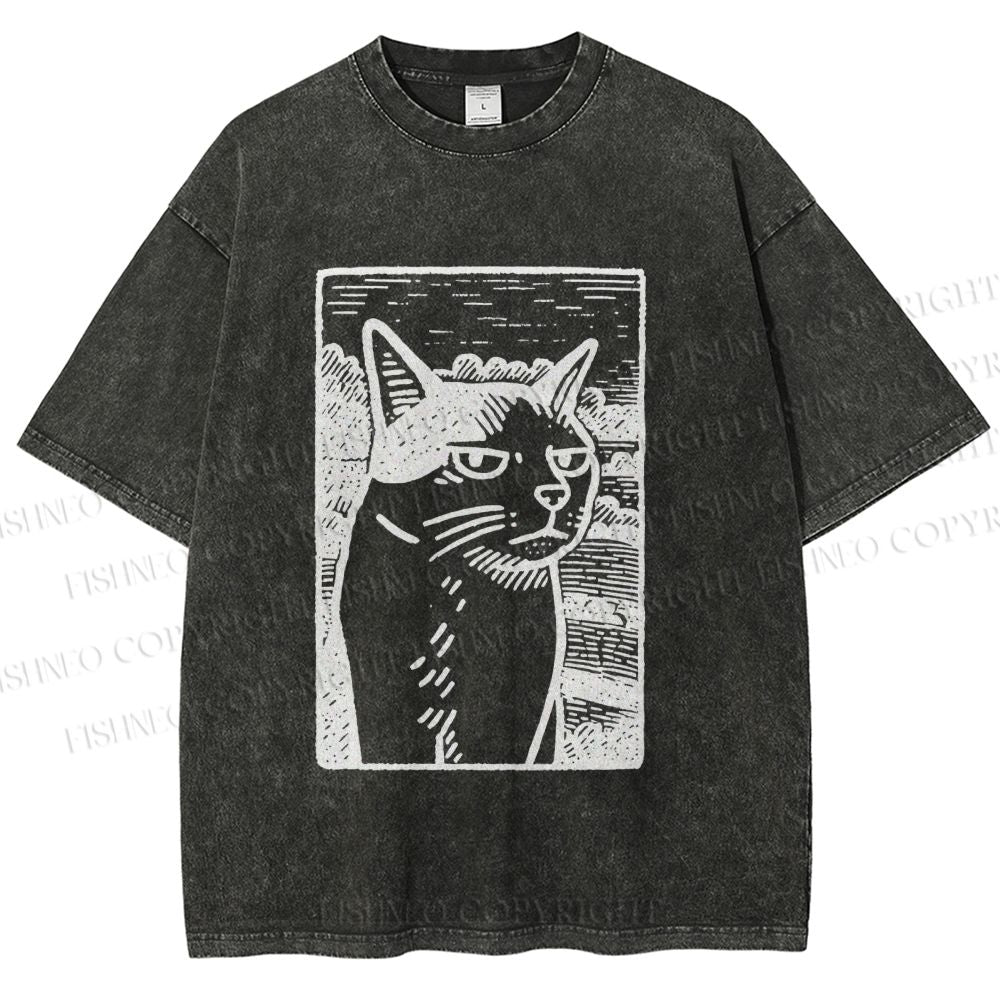 Unisex Meme Cat Vintage Printed Washed Tee