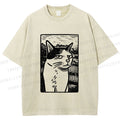 Unisex Meme Cat Vintage Printed Washed Tee
