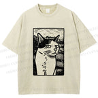 Unisex Meme Cat Vintage Printed Washed Tee