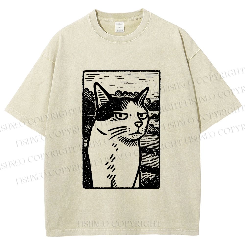 Unisex Meme Cat Vintage Printed Washed Tee